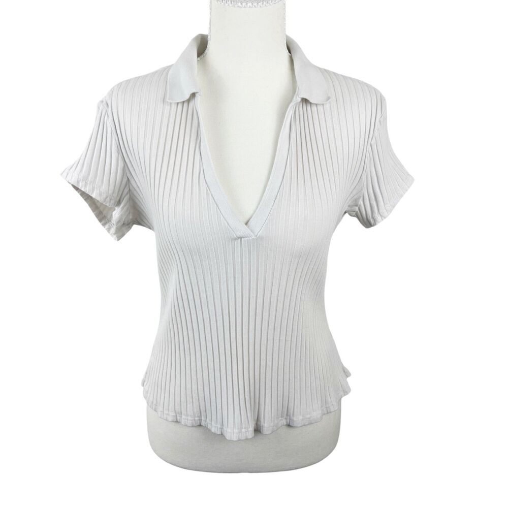No Boundaries Polo Shirt Women Extra Large White Ribbed V-Neck Stretch S/S